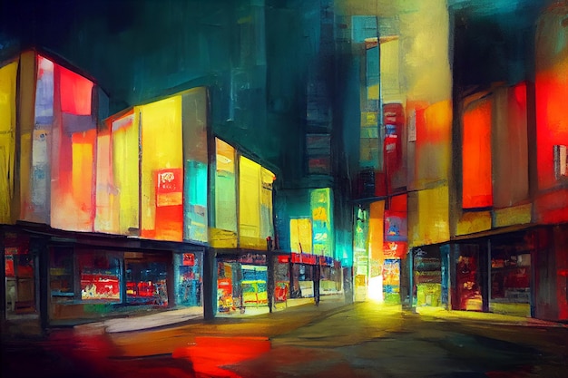 A painting of a city street with a lit up storefront.