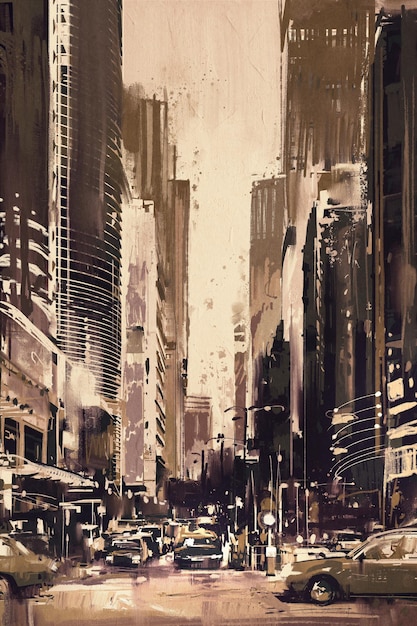 painting of city street with office buildings,artwork in retro style