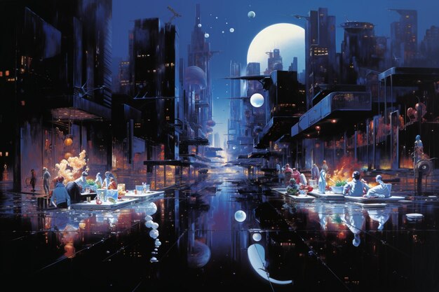 Painting of a city street with people sitting on a boat generative ai