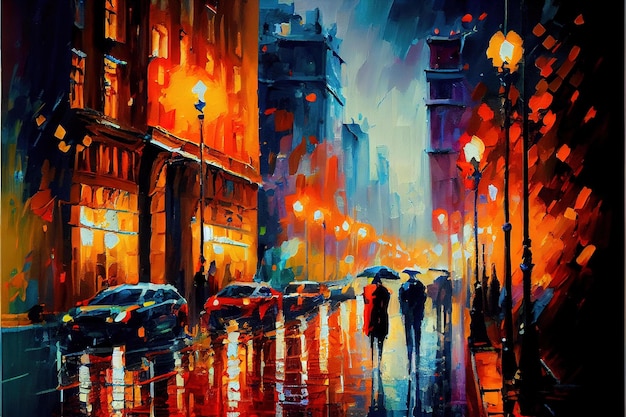 A painting of a city street with people walking in the rain.