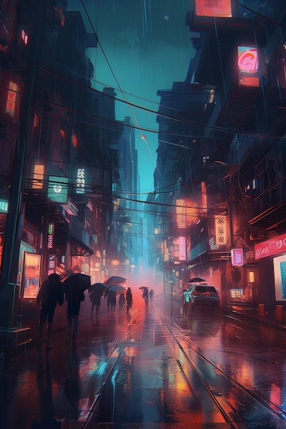 A painting of a city street with a sign that says " don't buy. "
