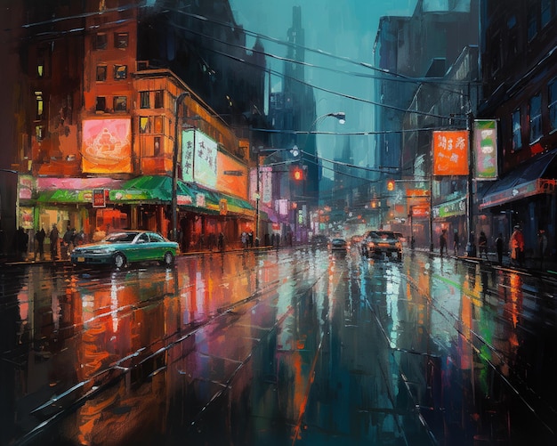 A painting of a city street with a sign that says'chinese'on it