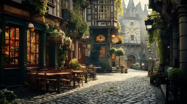 A Painting of a City Street With Tables and Chairs