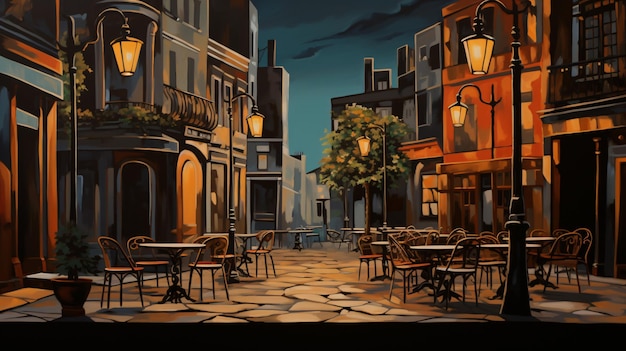 A painting of a city street with tables