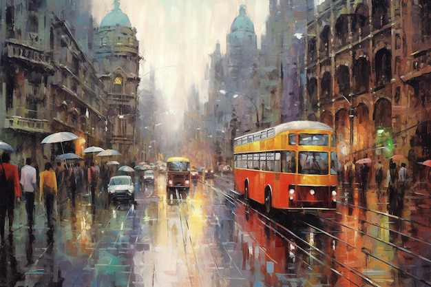 painting of a city street with a trolley and people walking in the rain generative ai