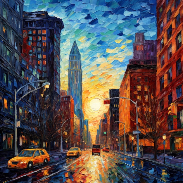 painting of a city street with a yellow cab and a tall building generative ai