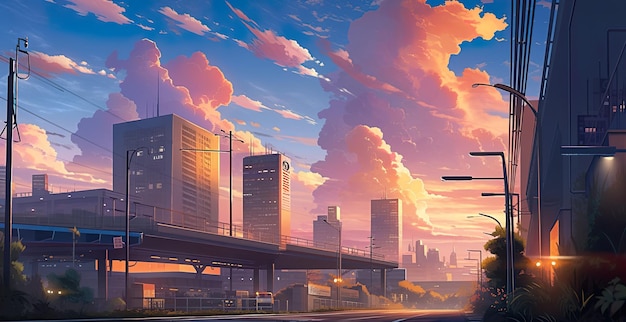 Картина города на закате с поездом на путях Генерация изображения AI