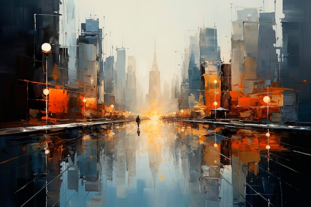 Painting of a city at sunset