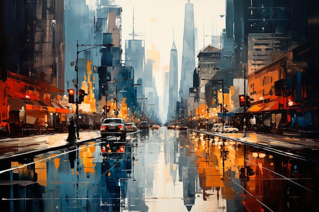 Photo painting of a city at sunset