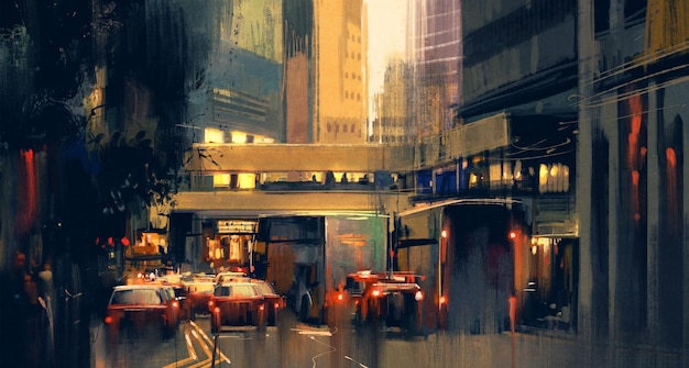 Photo painting of city traffic jam on the street at evening