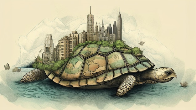 painting of a city on a turtle