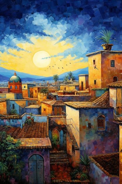 a painting of a city with a bird flying above it.