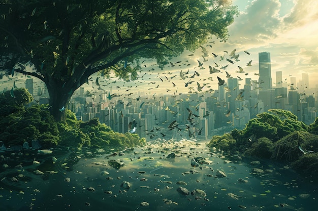 a painting of a city with birds flying around it