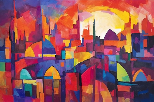 A painting of a city with a blue sky and a red sun.