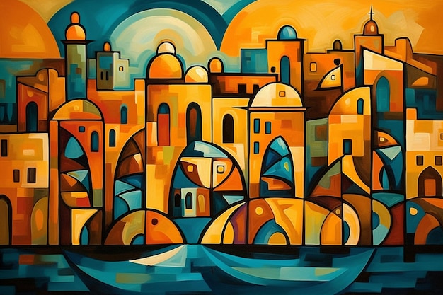 A painting of a city with a blue sky and yellow and orange colors.