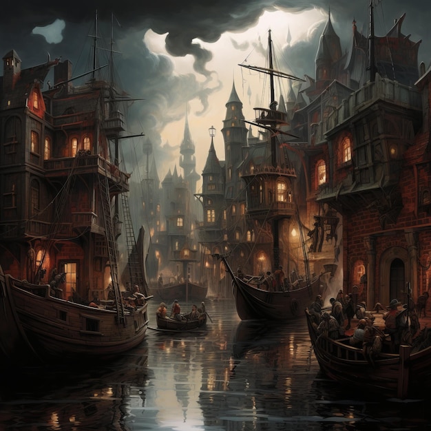 a painting of a city with boats and buildings