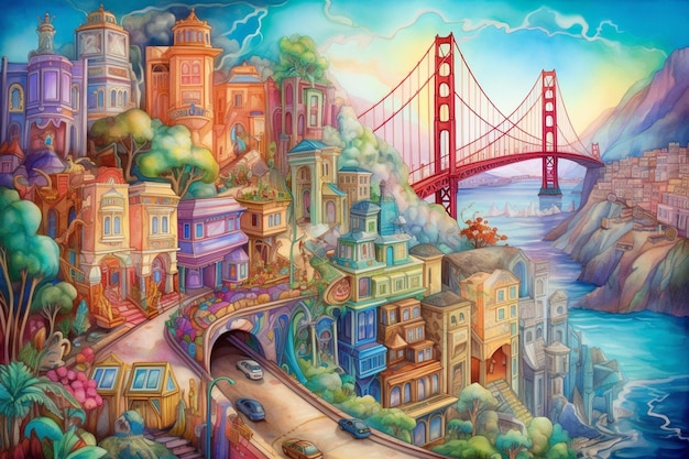 A painting of a city with a bridge in the background