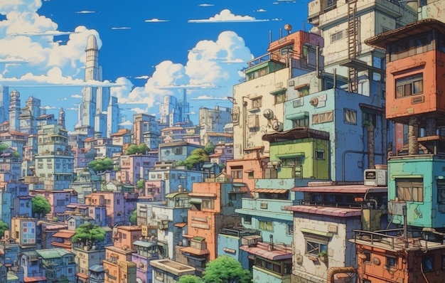 A painting of a city with a building in the background