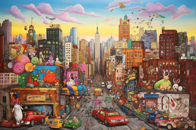 A painting of a city with a bunch of cars and a cityscape.