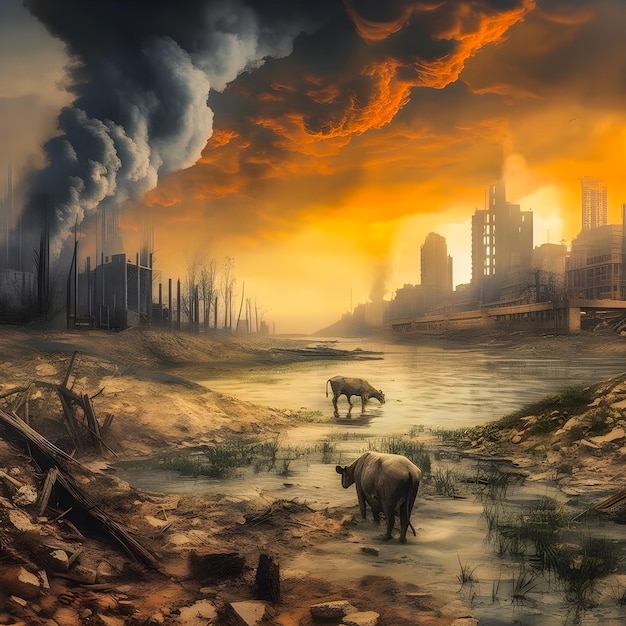 A painting of a city with a burning sky and cows in the foreground.