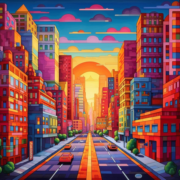 A painting of a city with cars driving down the street