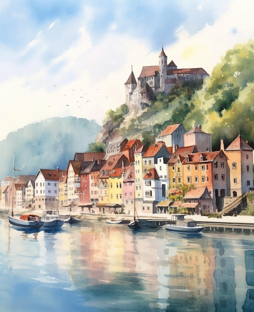 Photo painting of a city with a castle on a hill overlooking a river generative ai