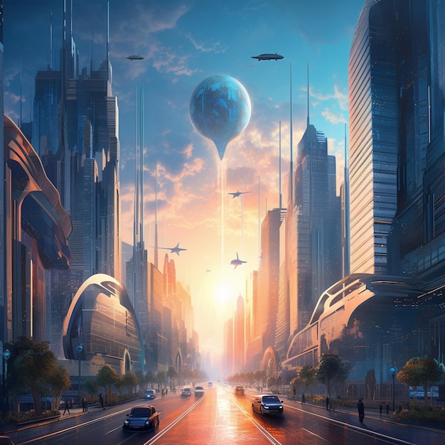 A painting of a city with a city and a balloon that says " planet ".