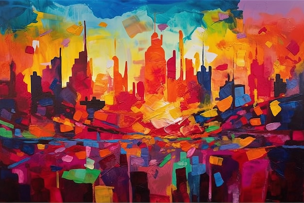 A painting of a city with a cityscape in the background.