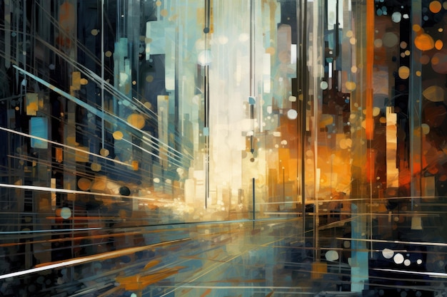 A painting of a city with a cityscape in the background.