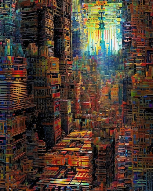 A painting of a city with a cityscape that says'city of dreams '