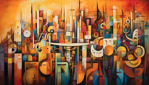 Painting of a city with a clock and a lot of different colors generative ai