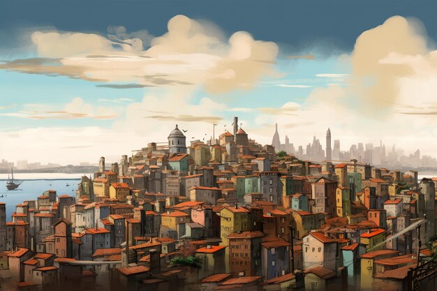 A painting of a city with a cloudy sky in the background.