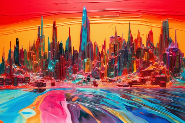 A painting of a city with a colorful background that says " city ".