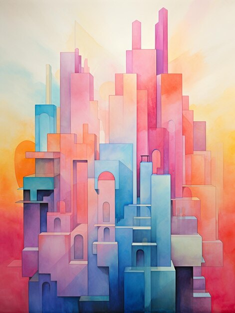 painting of a city with a colorful sky and clouds generative ai