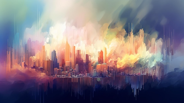 A painting of a city with a colorful sky and the word city on it.