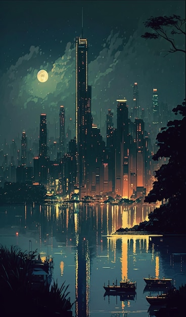 A painting of a city with a full moon in the background.