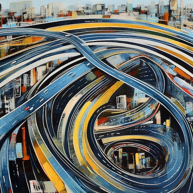 Photo a painting of a city with a highway and a car going through it.