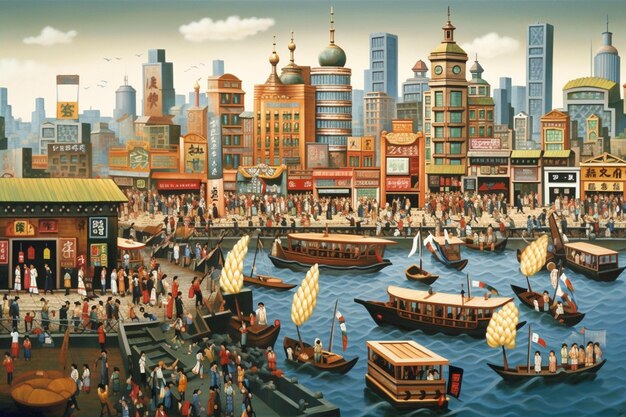 A painting of a city with a large number of boats and a large city in the background.