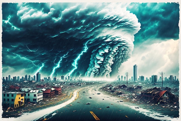 A painting of a city with a large tornado and a city in the background.