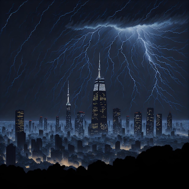A painting of a city with a lightning bolt on the top