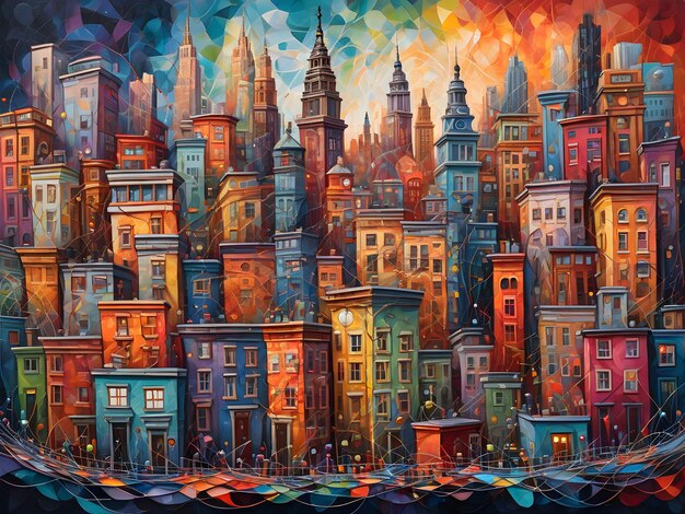 a painting of a city with a lot of buildings in the background