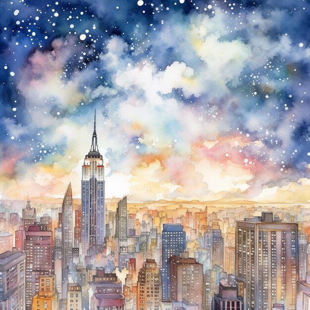 Painting of a city with a lot of buildings and a sky with stars generative ai