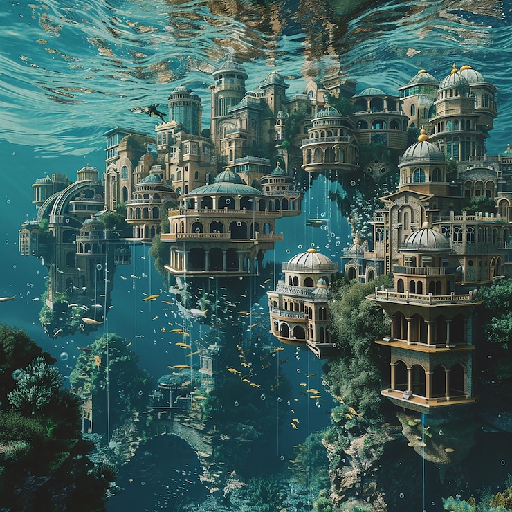Photo a painting of a city with a lot of buildings in the water