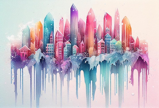 Painting of a city with a lot of colorful buildings and a lot of watercolor paint generative ai