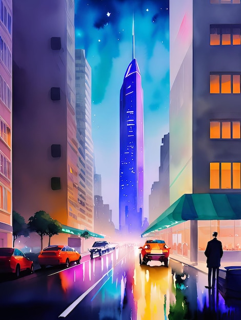 A painting of a city with a man and a dog on the street.