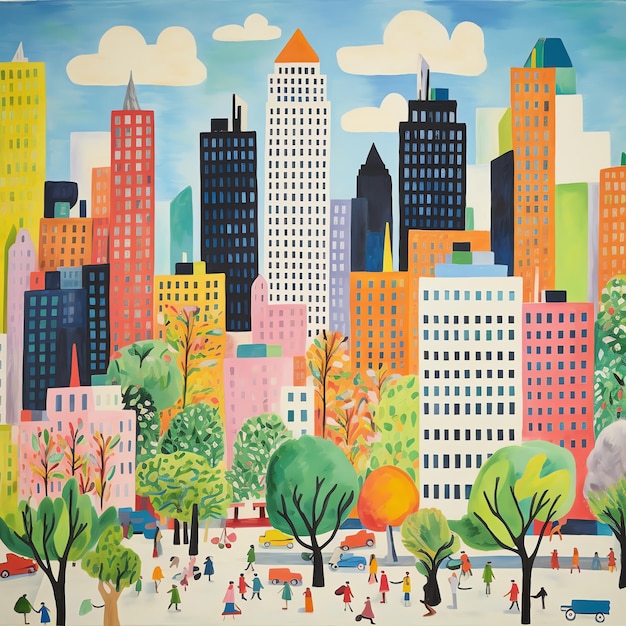 Photo a painting of a city with many buildings and trees