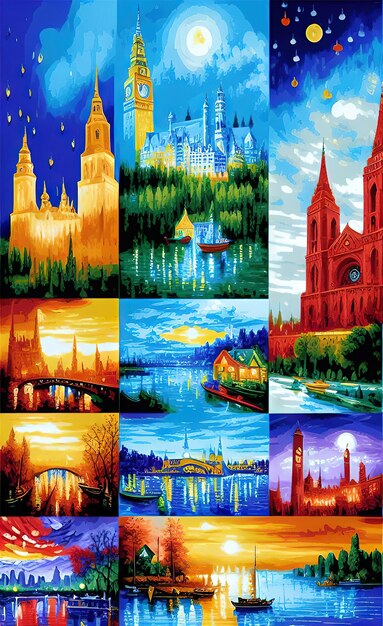 A painting of a city with many different colored squares