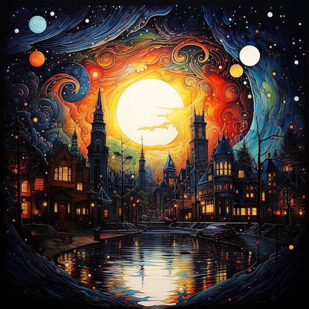 a painting of a city with a moon and a city in the background