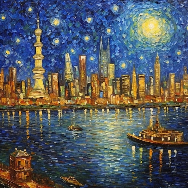 A painting of a city with a moon in the sky