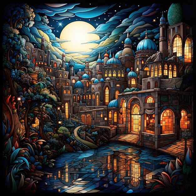 a painting of a city with a moon and water scene